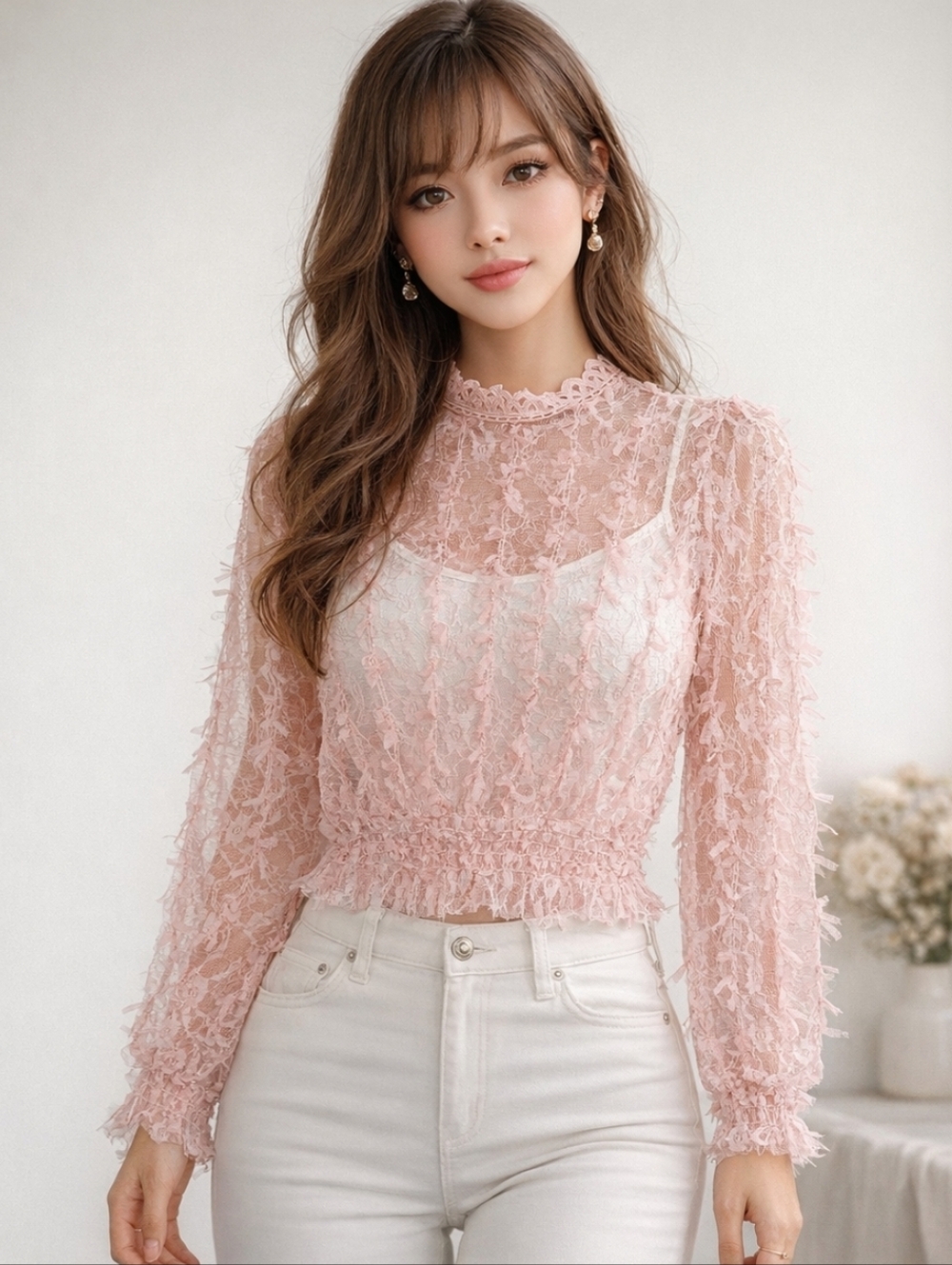 Romantic Sheer Pink Lace Long Sleeve Top Blouse Size M Whimsigoth Layering Y2K